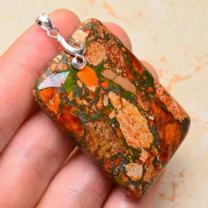 Natural Orange Copper Turquoise Rectangle Gemstone set with Solid .925 Sterling Silver Pendant