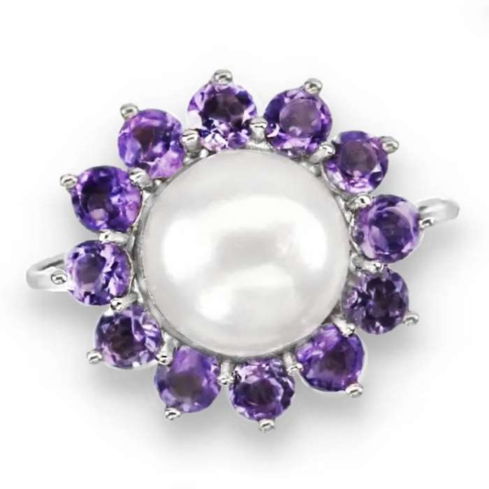 12 Natural Unheated Purple Amethyst and White Pearl Solid .925 Silver 14K White Gold Ring 7 / O