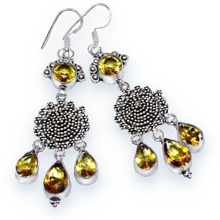 Antique Style Golden Citrine Mixed Shape Gemstones.925 Sterling Silver Plated Chandelier Earrings