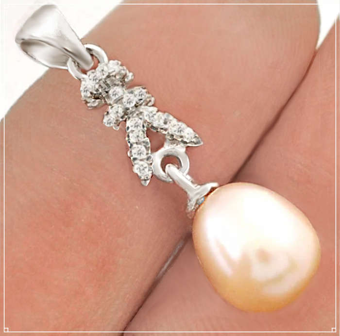 Natural Creamy Pink Pearl and White Topaz set in Solid 925 Sterling Silver Pendant
