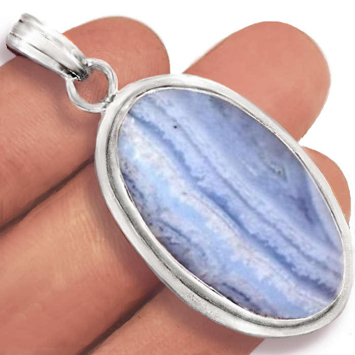 Natural Blue Lace Botswana Agate Oval Gemstone set in .925 Sterling Silver Handmade Pendant