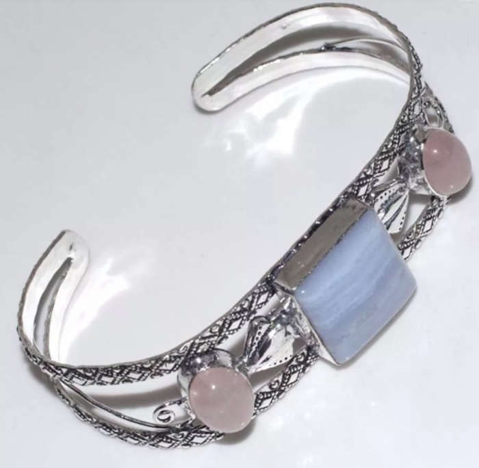 Natural Blue Lace Botswana Agate, Rose Quartz Gemstone .925 Sterling Silver  Plated Cuff Bangle
