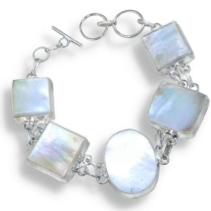 Natural Mother of Pearl set in .925 Sterling Silver Plated Handmade Elegant Bracelet