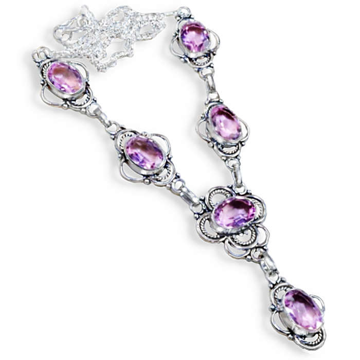 Handmade Pink Topaz Ovals set in .925 Sterling Silver Plated Antique Style Necklace