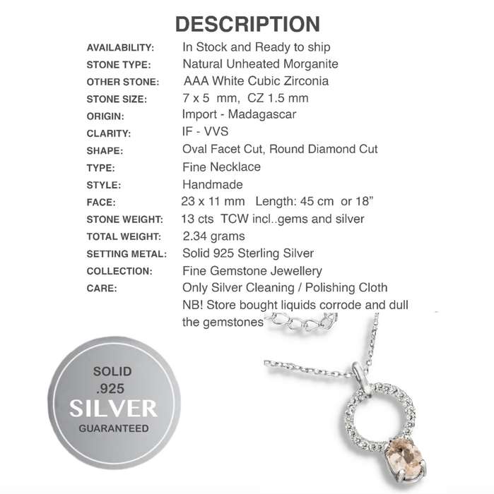 Deluxe Natural Unheated Morganite and White Cubic Zirconia Solid .925 Sterling Silver Necklace