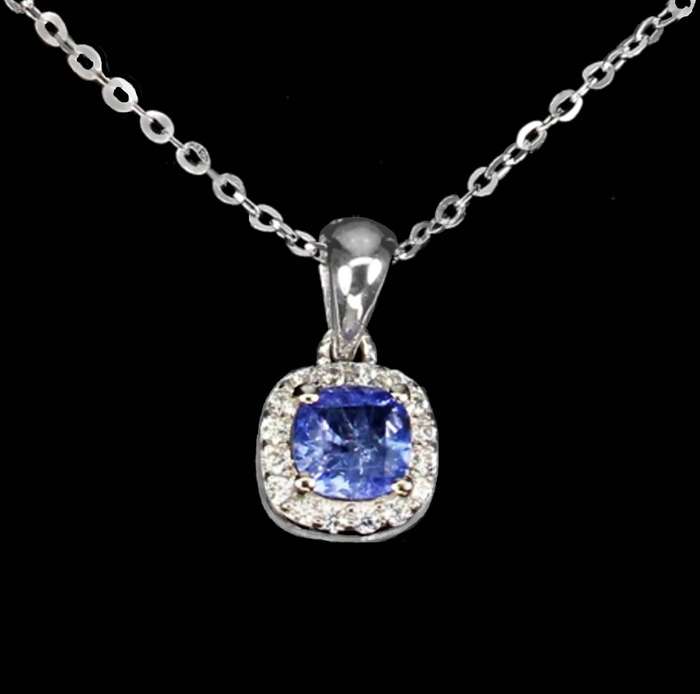 Dainty Natural Unheated Tanzanite Square and White CZ set in Solid .925 Silver & White Gold Necklace