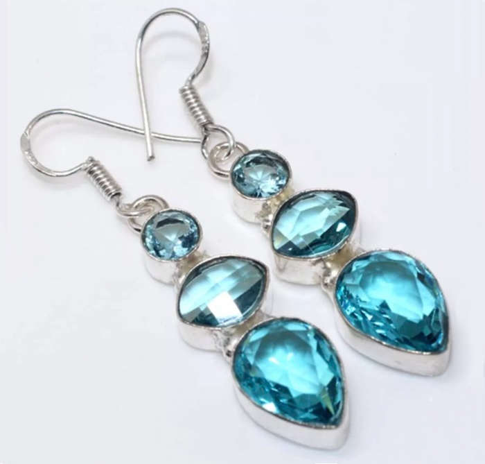 Faceted Blue Quartz Mixed Shape Gemstones set in .925 Sterling Silver Plated Handmade Earrings
