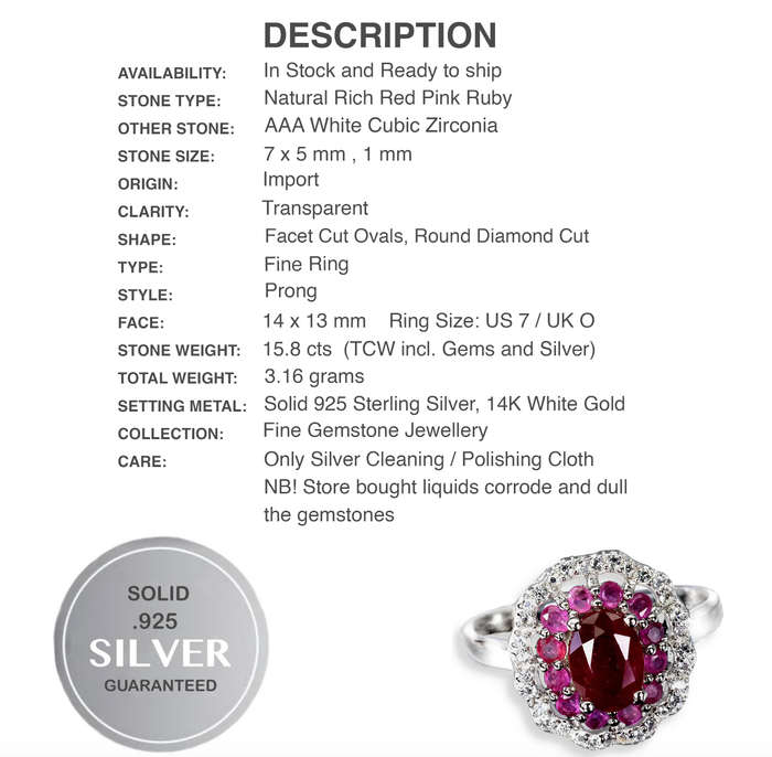 Deluxe Natural Ruby and White Cubic Zirconia set in Solid .925 Sterling Silver Ring Size US 7/O