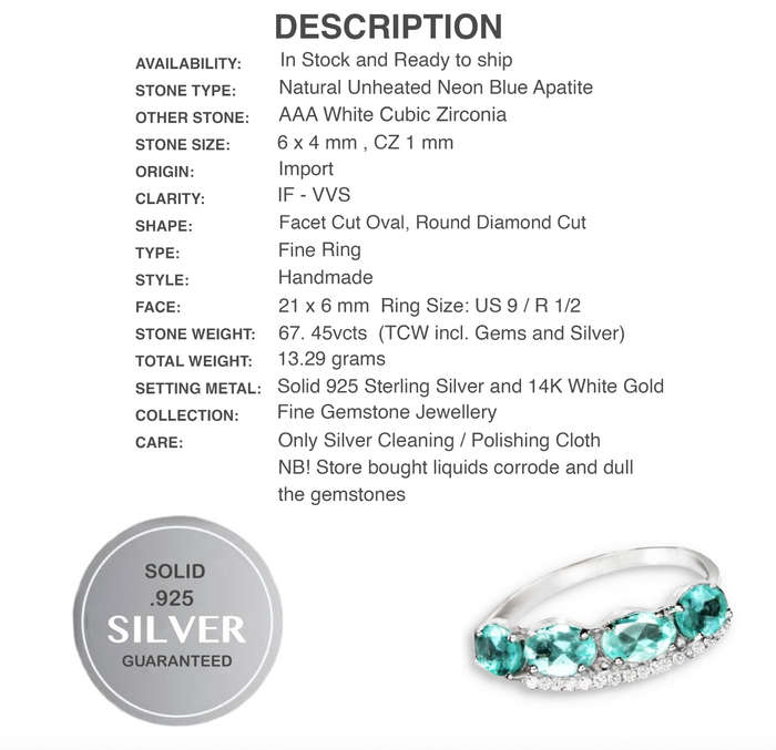 Natural Apatite, and White Cubic Zirconia Gemstone in Solid .925 Sterling Silver Ring Size 9 / R1/2