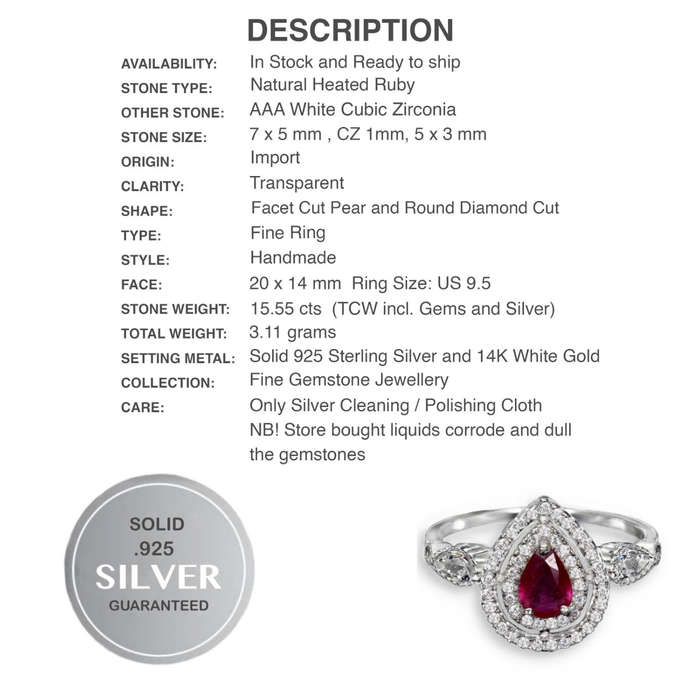 Natural Ruby and White Cubic Zirconia set in Solid .925 Sterling Silver 14K W/Gold Ring Size US 9.5