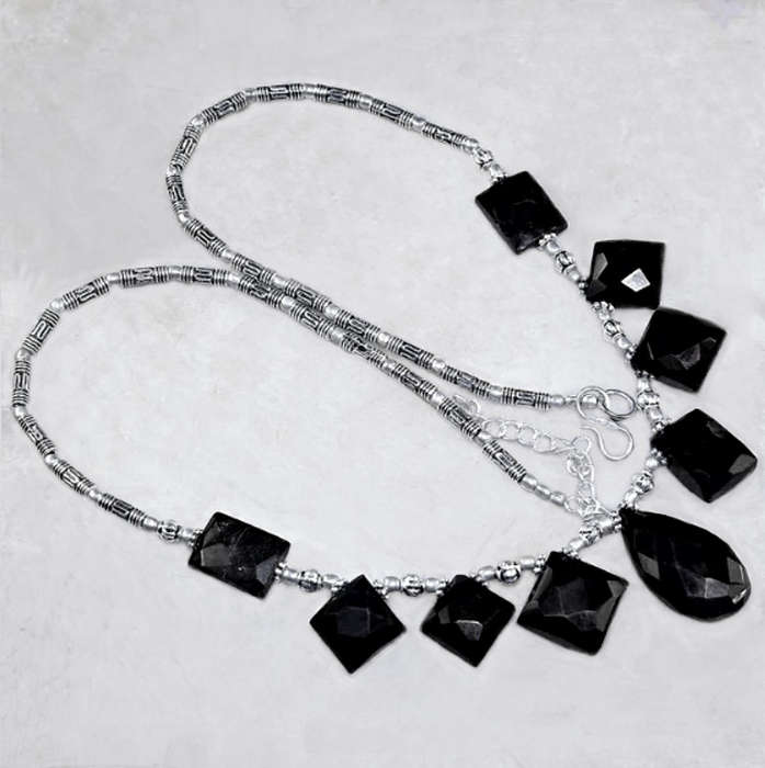 Black Onyx Mixed Shapes set in .925 Sterling Silver Plated Handmade Necklace
