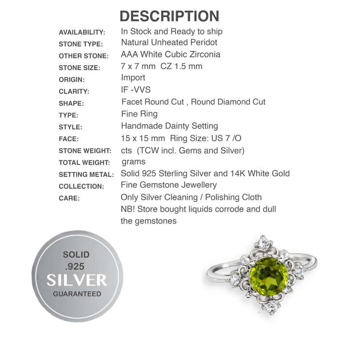 Natural Unheated Round Peridot White CZ Gemstone set in Solid .925 Sterling Silver Ring Size 7 / 0