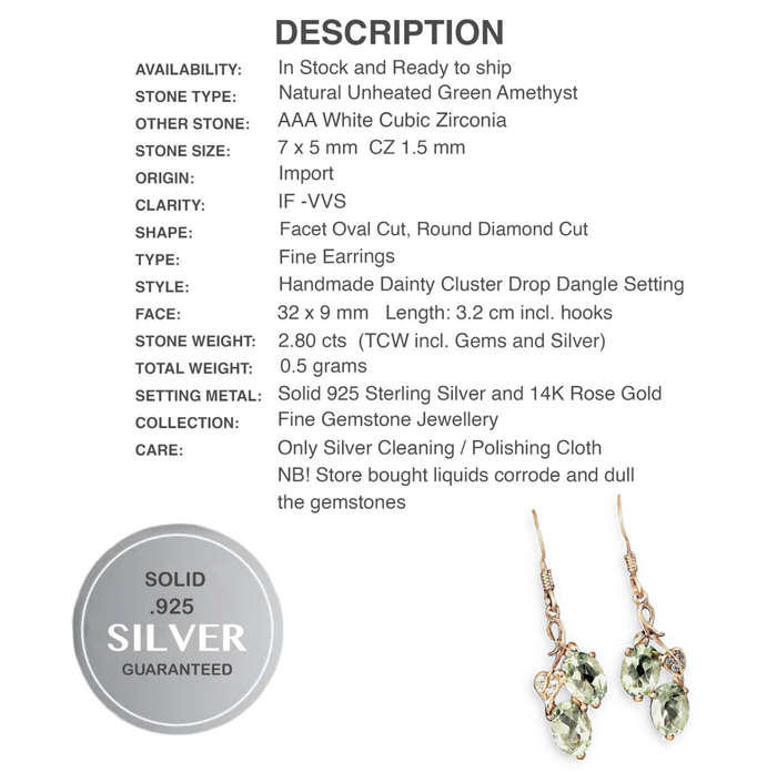 Natural Green Amethyst Oval Gemstones AAA White CZ Solid .925 Sterling Silver 14K Rose Gold Earrings