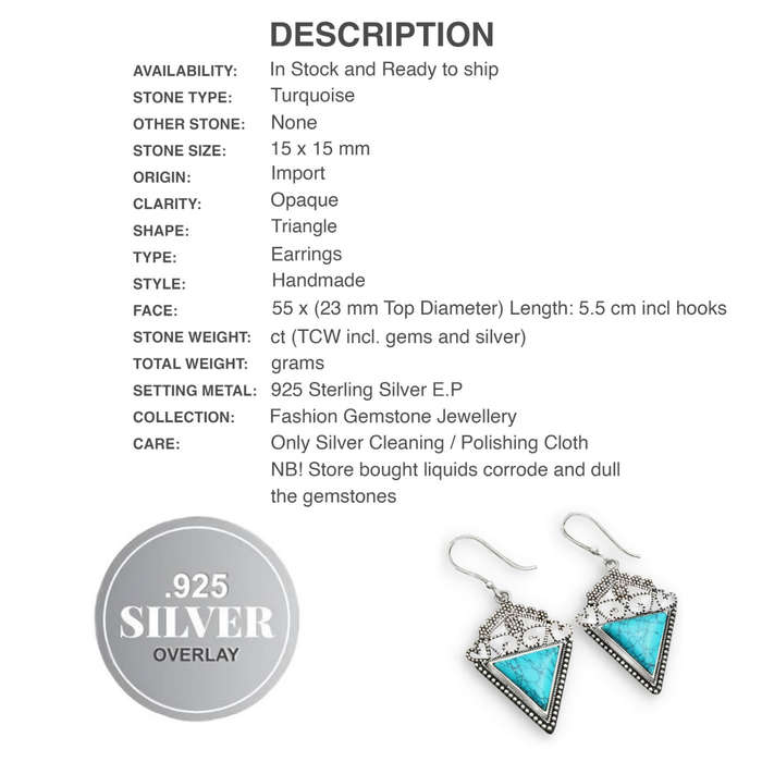 Turquoise Triangle Gemstone in Antique Style .925 Sterling Silver Plated H/made Ornate Earrings