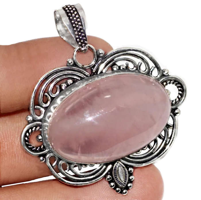 Natural Rose Quartz Gemstone  .925 Sterling Silver Plated Victorian Setting  Pendant