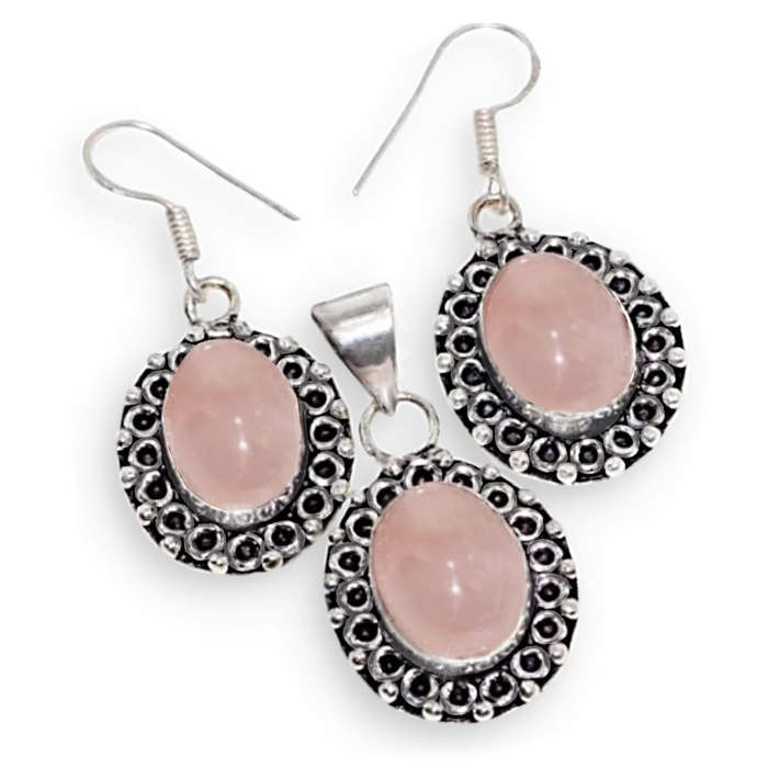 Natural Pink Rose Quartz Oval .925 Sterling Silver Plated Pendant and Earrings Set