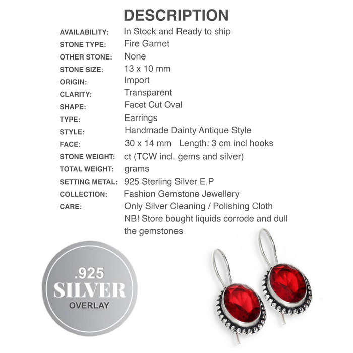 Fire Garnet Oval set in  .925 Sterling Silver Plated Handmade Earrings