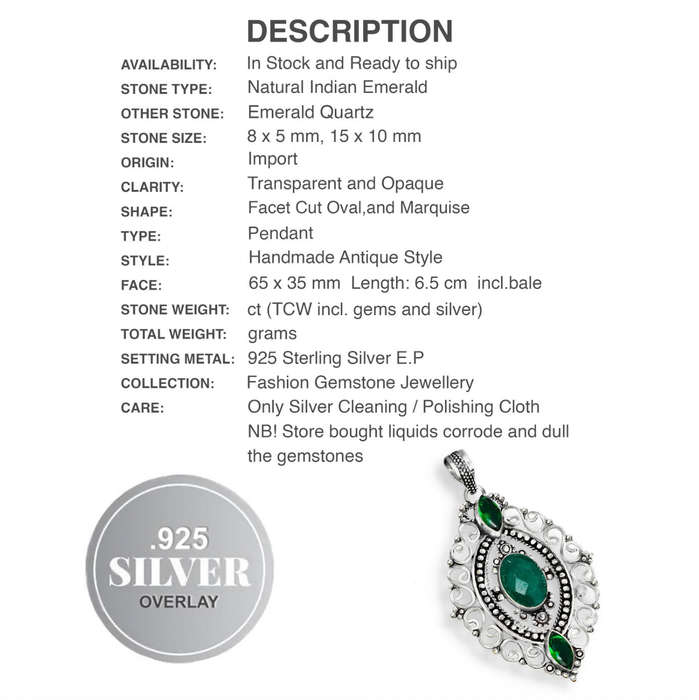 Antique Style Indian Emerald set in 925 Sterling Silver Plated Handmade Ornate Pendant