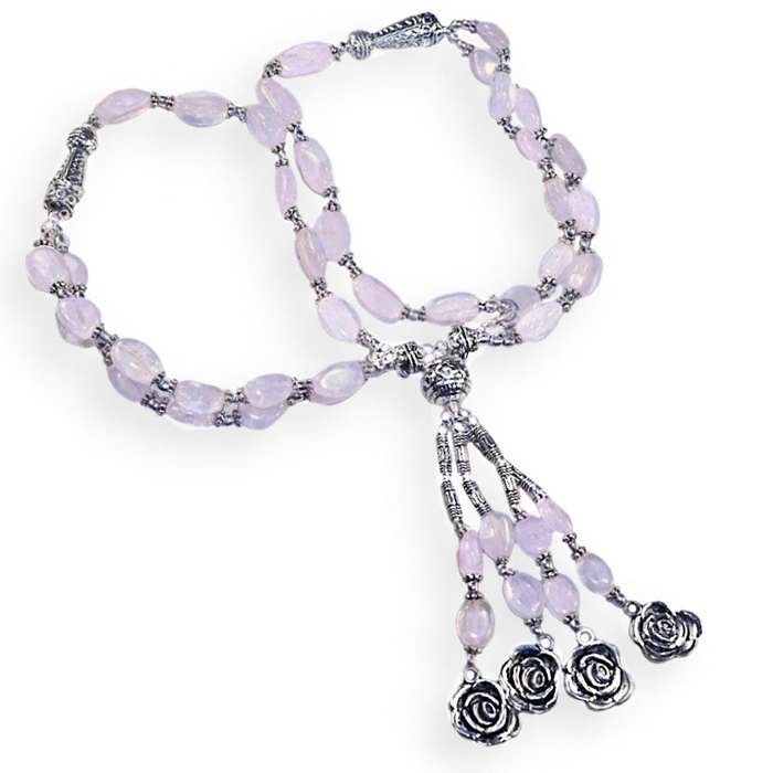 Natural Rose Quartz Oval Gemstone Beads Rose Charms in.925 Sterling Silver Plated Waterfall Necklace
