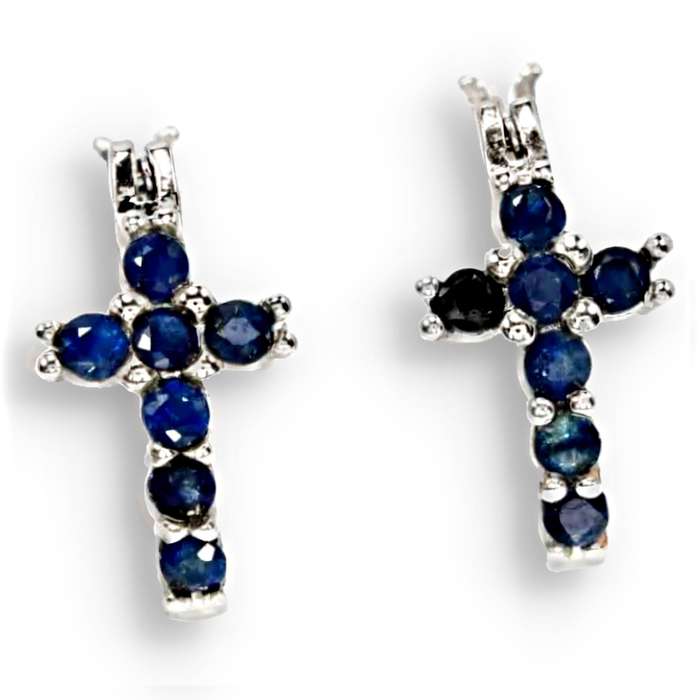14 Genuine Blue Sapphires set in Solid .925 Sterling Silver 14K White Gold Cross Set Huggie Earrings