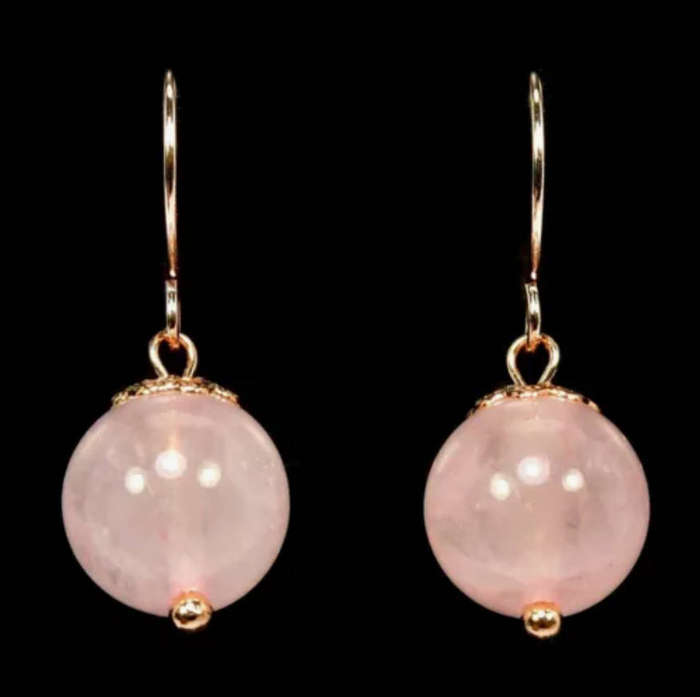 Natural Rose Quartz Round Gemstone set in Solid.925 Sterling Silver 14K Rose Gold Dainty Earrings