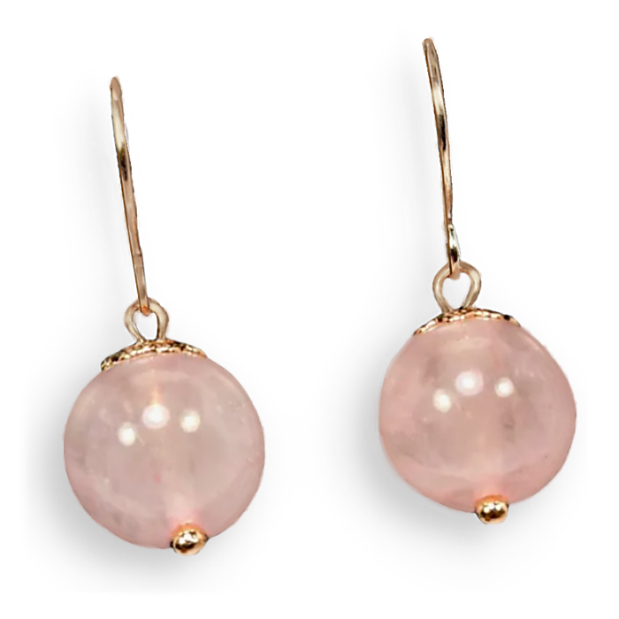 Natural Rose Quartz Round Gemstone set in Solid.925 Sterling Silver 14K Rose Gold Dainty Earrings