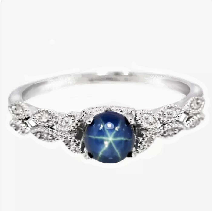 Natural AAA 6 Ray Star Blue Sapphire & White CZ in Solid 925 Silver 14K W/Gold Ring Size US 6.5/N