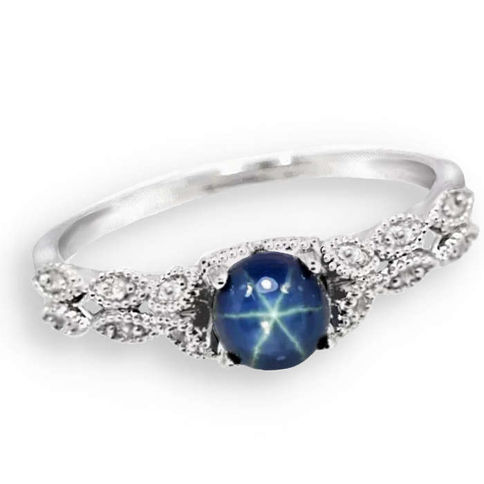 Natural AAA 6 Ray Star Blue Sapphire & White CZ in Solid 925 Silver 14K W/Gold Ring Size US 6.5/N