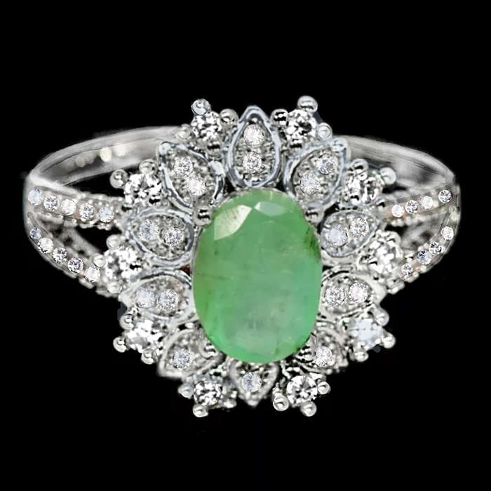 Natural Unheated Brazilian Emerald, White Cubic Zirconia Solid .925 Silver 14K W/Gold Ring US 7/O