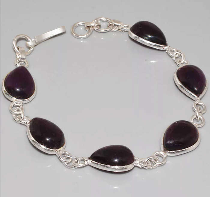 Deep Purple Amethyst Pear Shape Gemstones set in 925 Sterling Silver Plated Handmade Bracelet