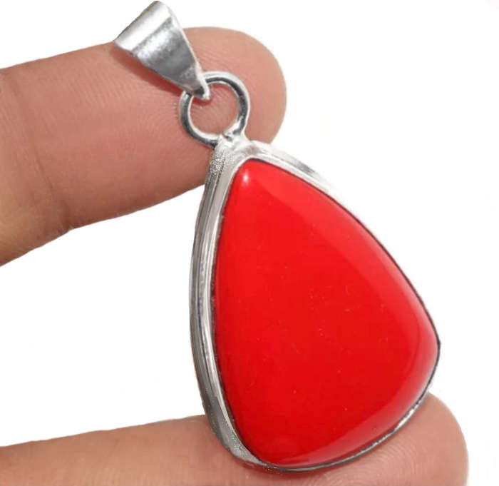 Vibrant Red Coral Pear Shape set in .925 Sterling Silver Plated Handmade Pendant