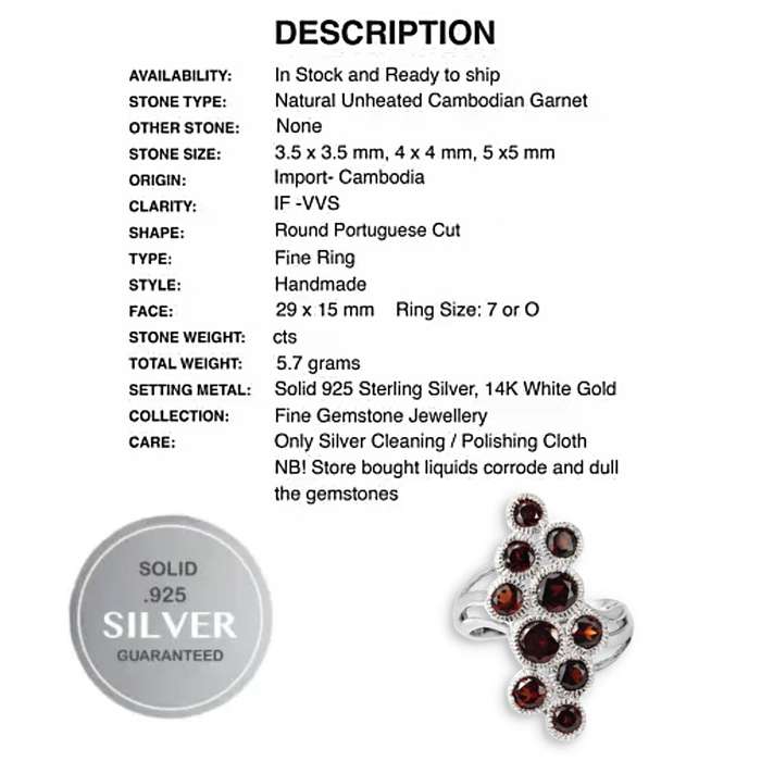 Natural Unheated Cambodian Garnet Solid .925 Sterling Silver 14K white Gold Ring Size 7 or O