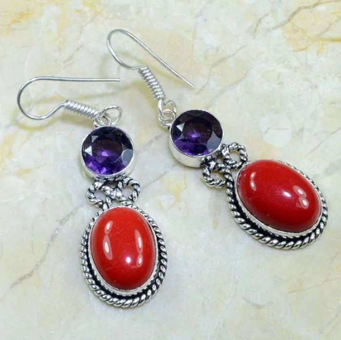 Handmade Red Coral and Purple Amethyst Gemstone .925 Sterling Silver Plated Earrings