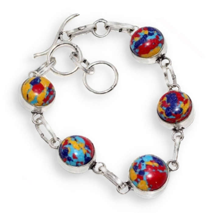 Handmade Mosaic Jasper Gemstone Mixed Size Round Cabs .925 Sterling Silver Plated Long Earrings