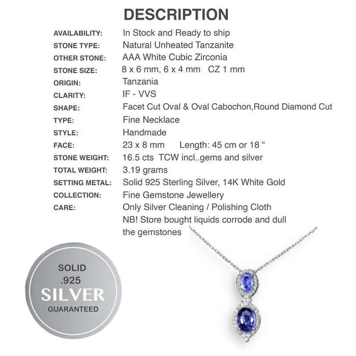 Deluxe Natural Unheated Tanzanite and White CZ Gemstone Solid .925 Silver & White Gold Necklace