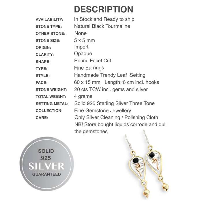 Two Tone  Natural Black Tourmaline Gemstone set in Solid .925 Sterling Silver Drop Dangle Earrings