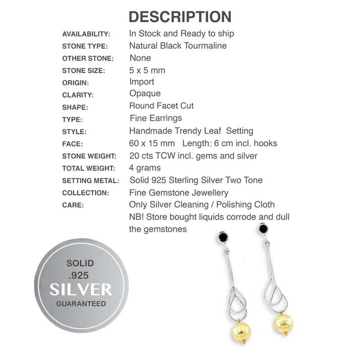 Natural Black Tourmaline Gemstone set in Two Tone Solid .925 Sterling Silver Drop Dangle Stud Earrin