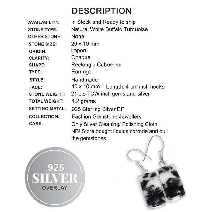 Dainty Natural White Buffalo Turquoise Gemstone set in.925 Sterling Silver Plated Handmade Earrings