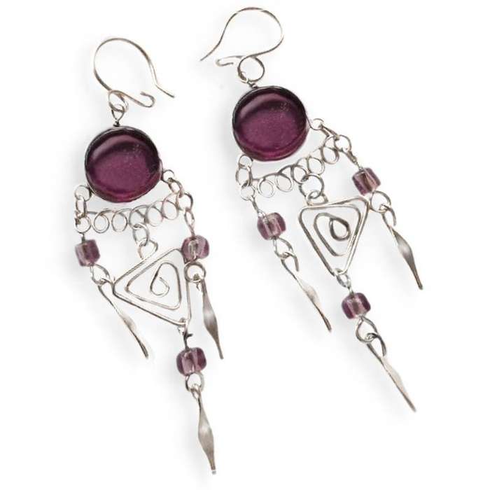Purple Murano Glass Round Shape set in Peruvian Alpaca Silver Handmade Earrings