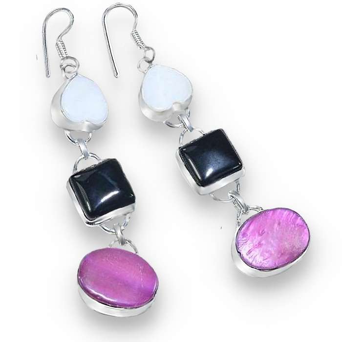 Pink Cats Eye Black Onyx, Mother of Pearl set in 925 Sterling Silver Plated Handmade Earrings