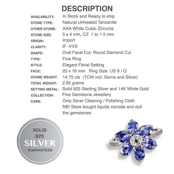 DELUXE Natural Unheated Tanzanite and AAA White CZ  Floral Ring in Solid .925 Silver Size US 8 /Q