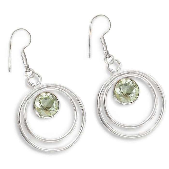 Natural Green Amethyst Round Gemstones set in Solid .925 Sterling Silver Earrings