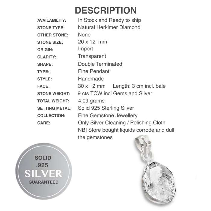 Natural Herkimer Diamond Rough Gemstone set in Solid .925 Sterling Silver Pendant