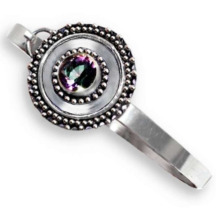 Round Mystic Rainbow Topaz set in .925 Sterling Silver Plated Handmade Antique Style Bangle
