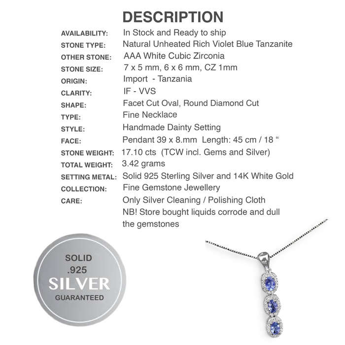 3 Natural Unheated Tanzanite Ovals and White CZ set in Solid .925 Silver & White Gold Necklace