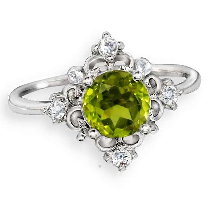 Natural Unheated Round Peridot White CZ Gemstone set in Solid .925 Sterling Silver Ring Size 7 / 0