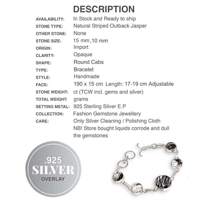 Natural Striped Outback Jasper Round Shape set in .925 Sterling Silver Plated Bracelet