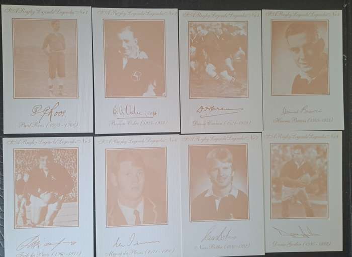 Rugby post cards. Unused. 8 X Springbok legends in sepia. Details: see below