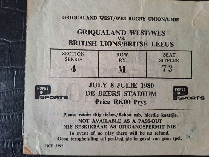 Rugby ticket. Griqualand West v British & Irish Lions 8 July 1980 Kimberley. removed from scrapbook