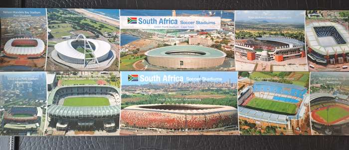 Rugby/soccer stadiums -- Two sets of postcards (joined) depicting SA sport stadiums